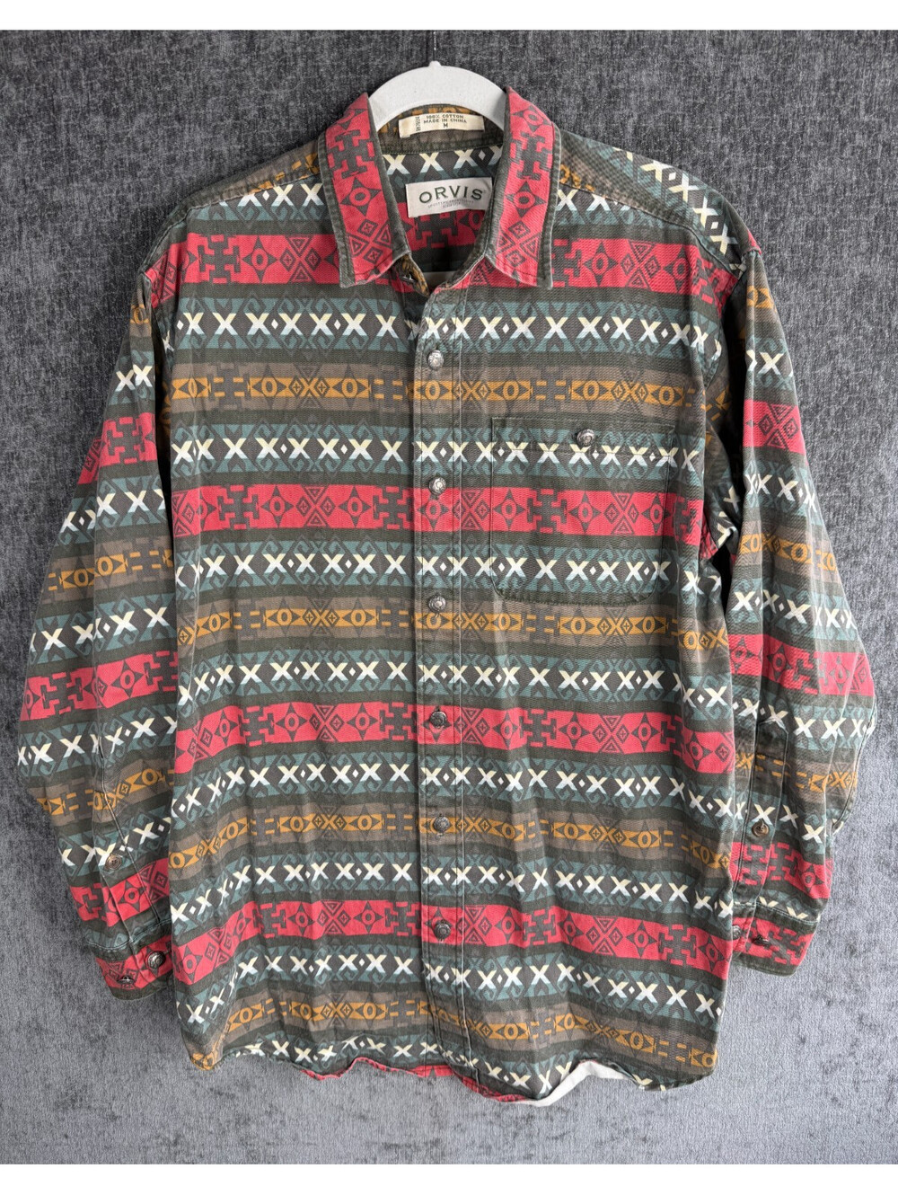 Orvis Mens Medium Red Gray Aztec Southwestern Long Sleeve Shirt Metal Buttons